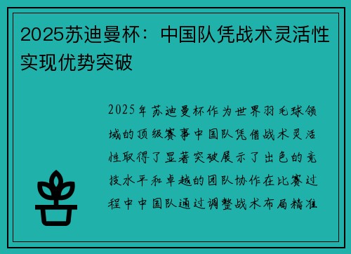 2025苏迪曼杯：中国队凭战术灵活性实现优势突破