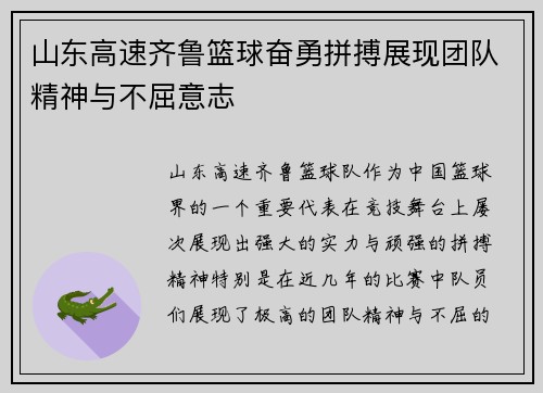 山东高速齐鲁篮球奋勇拼搏展现团队精神与不屈意志